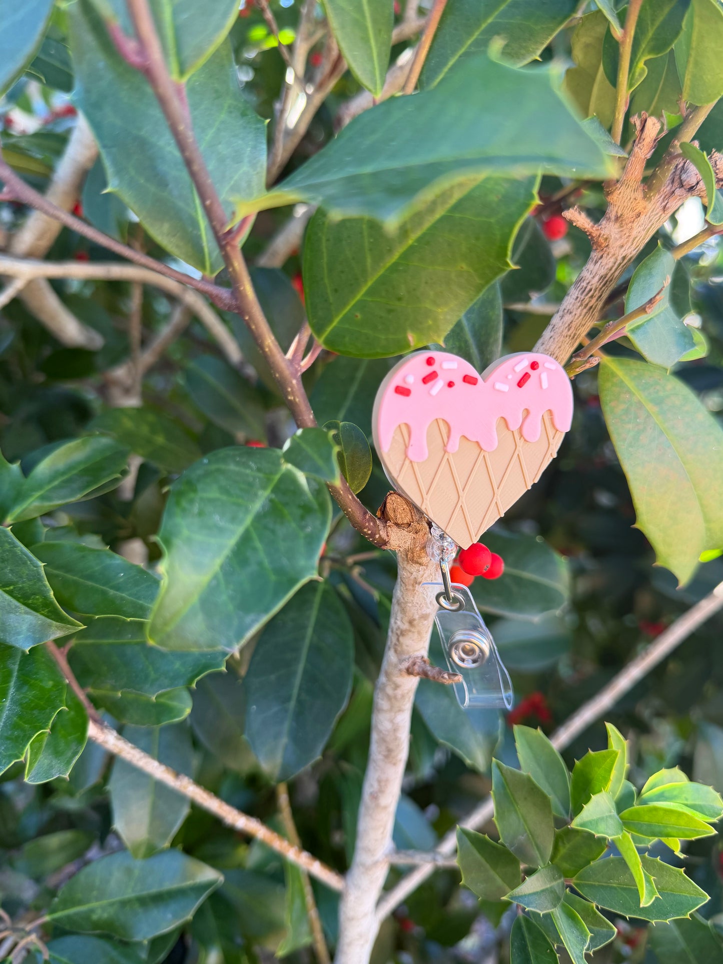 Valentine’s Day Heart Ice Cream Badge Reel | Cute Pink Dessert Badge Holder | Nurse Teacher Badge Reel | Alligator or Belt Clip