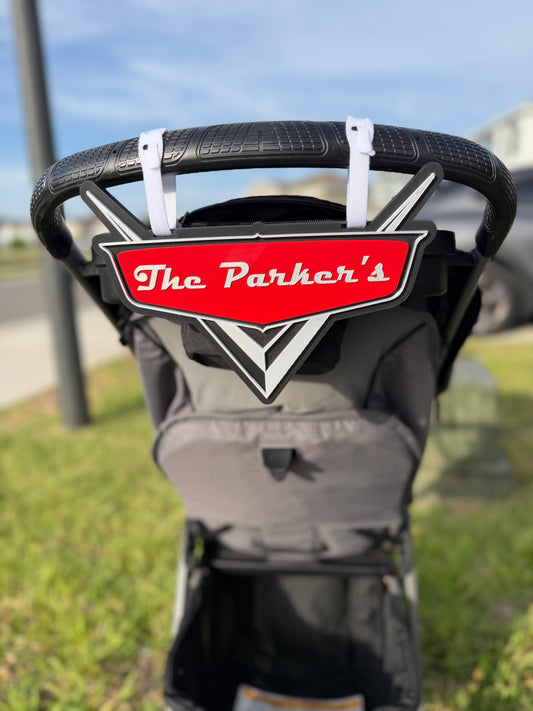 Disney Cars Stroller Sign with Custom Family Name | Lightning McQueen Inspired Baby Stroller Tag | Personalized Baby Shower Gift | Pixar Theme