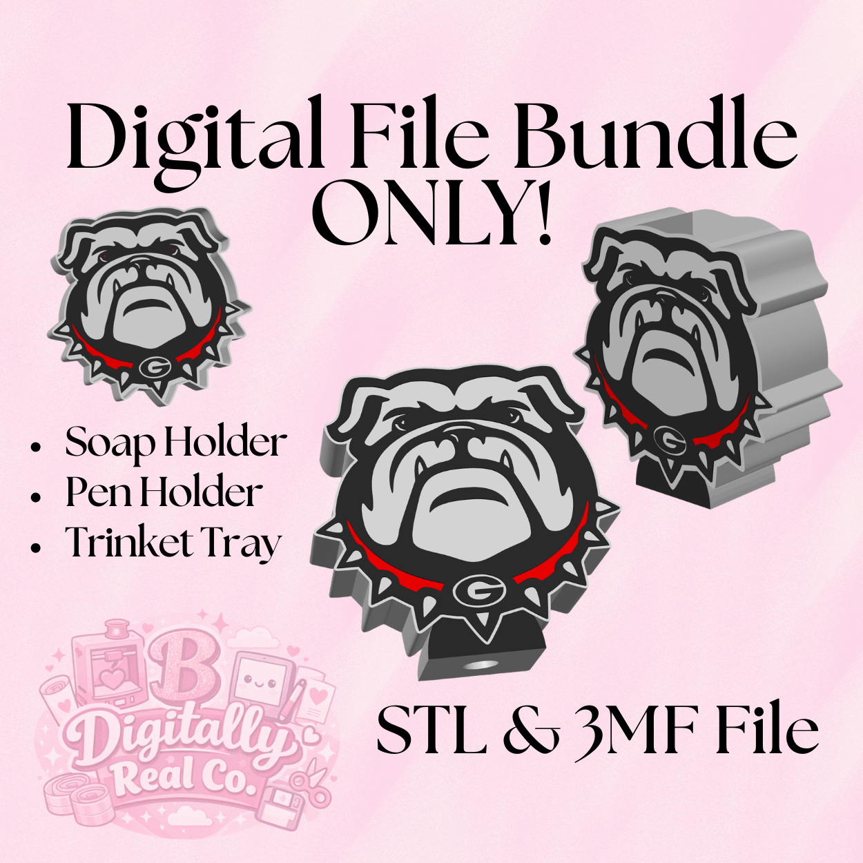 Georgia Bulldogs Bundle STL & 3MF | Soap Holder + Pen Holder + Trinket Tray | UGA 3D Print Files | Football Fan Decor | Digital Download
