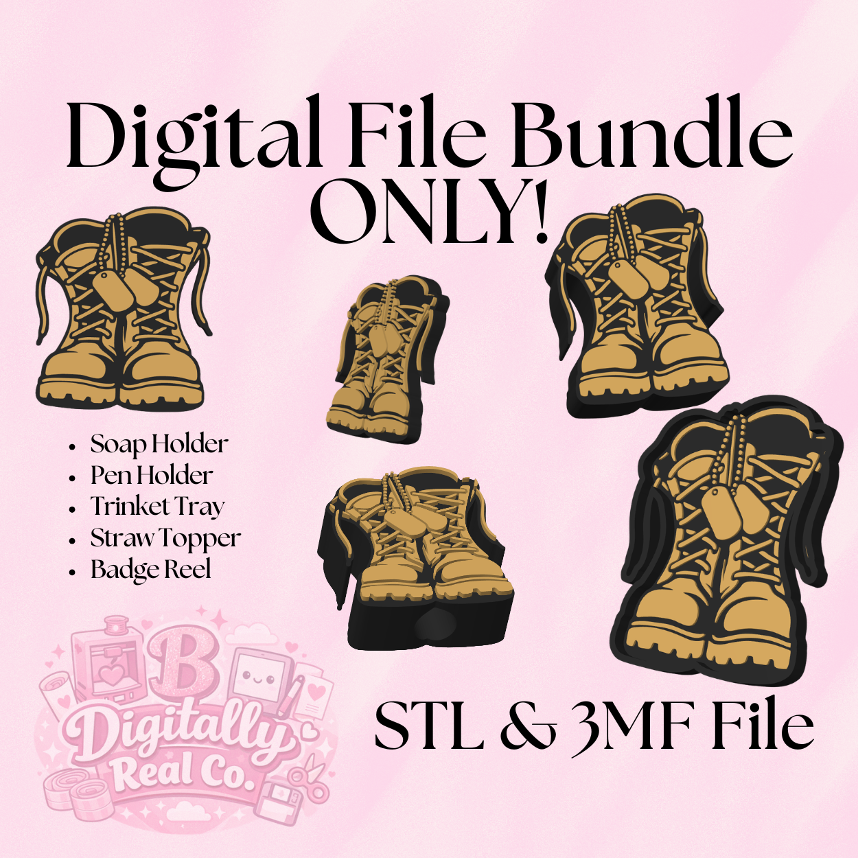 Military Boots Mega Bundle โ Badge Reel, Pen Holder, Soap Holder, Straw Topper & Trinket Tray | STL & 3MF Files | 3D Print Bundle