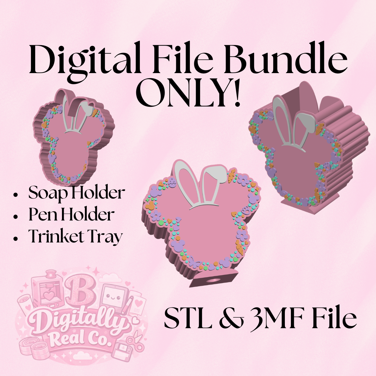 Easter Bunny Mouse Bundle STL | Soap Holder + Pen Holder + Trinket Tray | Cute Spring 3D Print Files | Digital Download