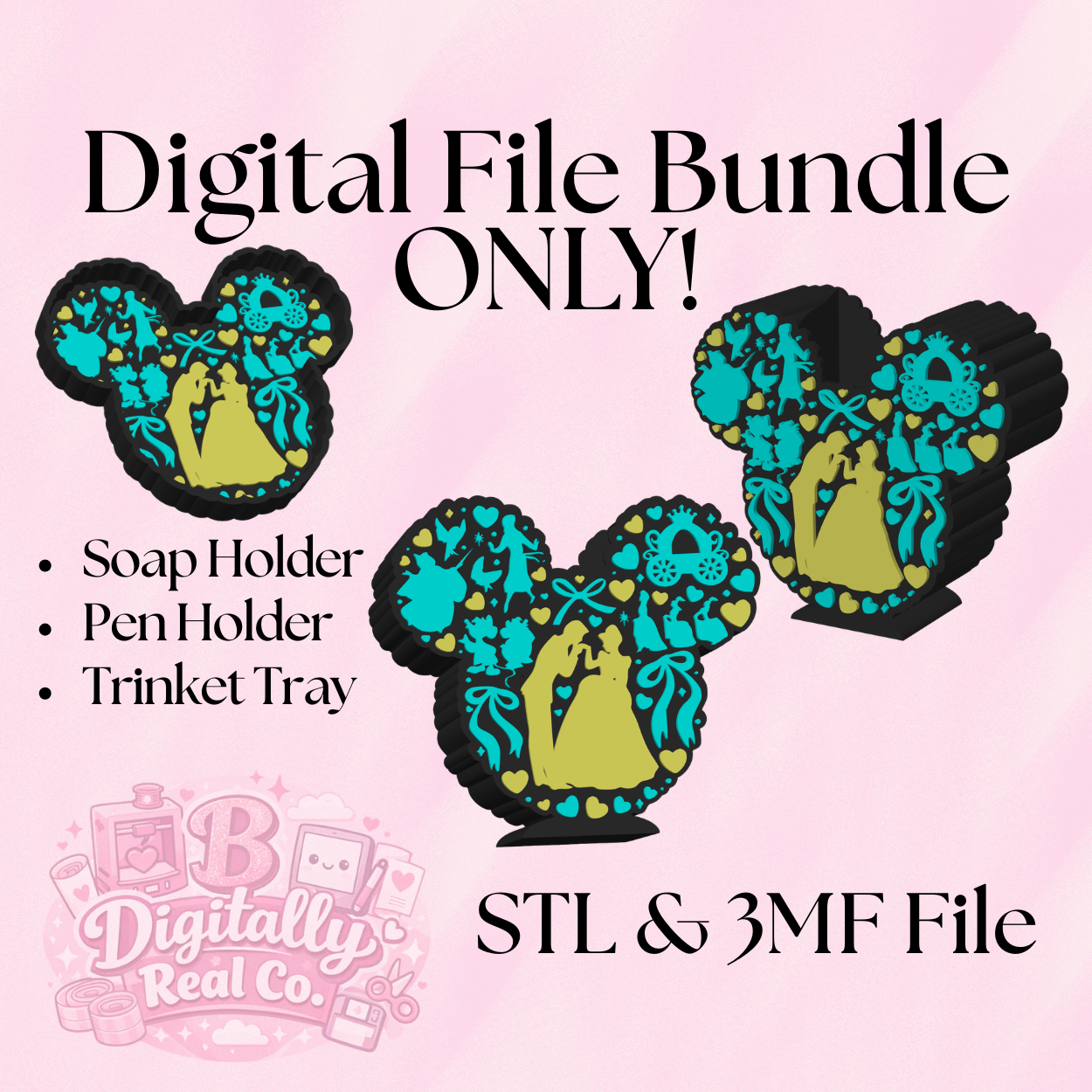 Cinderella Mouse Bundle STL & 3MF | Soap Holder + Pen Holder + Trinket Tray | Princess 3D Print Files | Digital Download