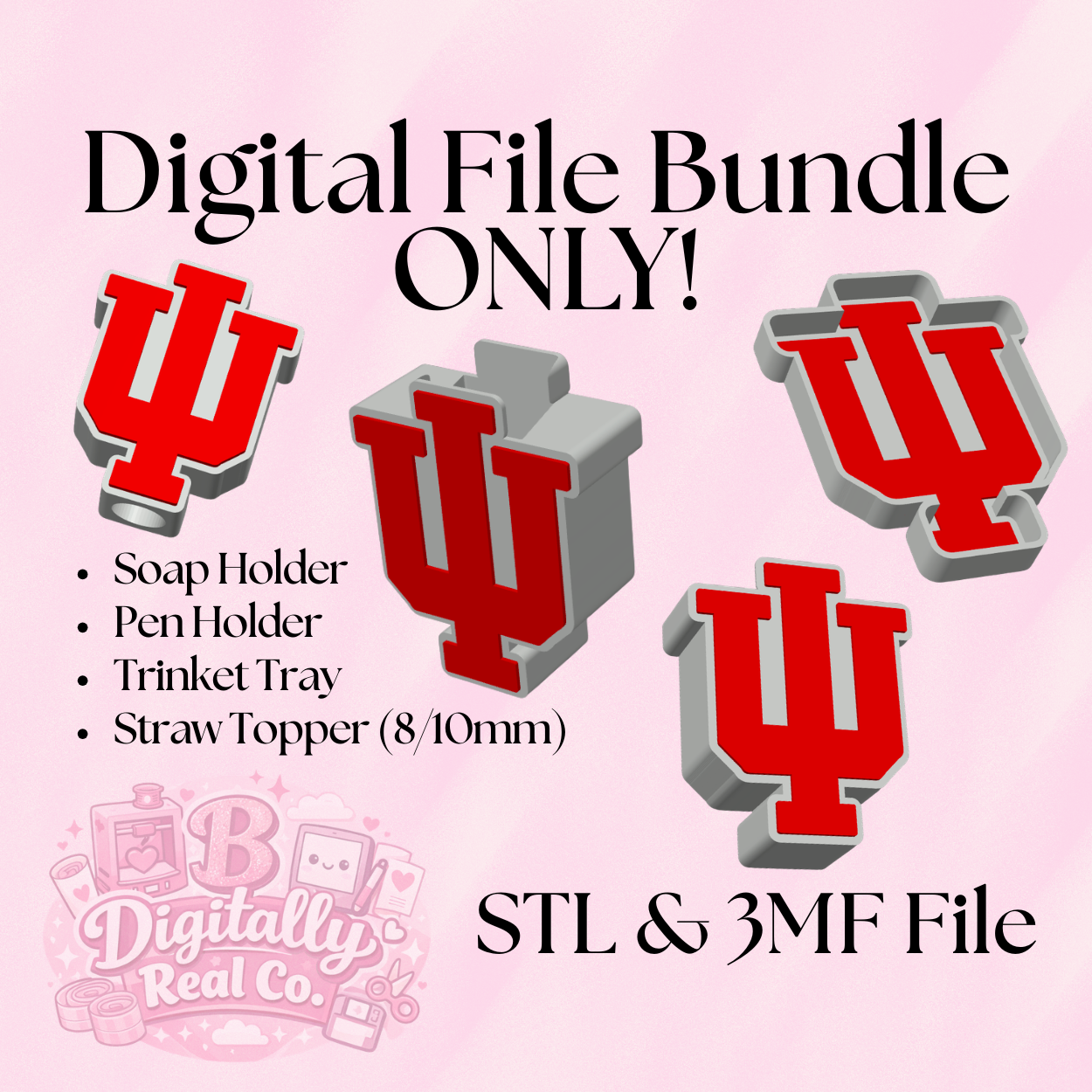 Indiana Hoosiers 3D Print Bundle | IU Soap Holder, Pen Holder, Trinket Tray & Straw Topper | STL & 3MF Files | Digital Download