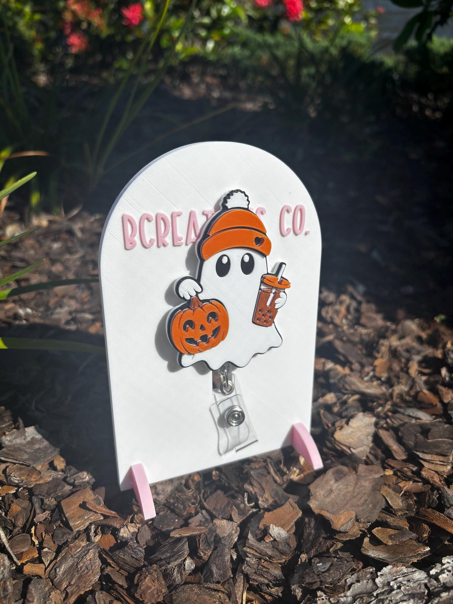 Halloween Ghost Badge Reel | Cute Ghost with Pumpkin & Iced Coffee | Fall Badge Holder