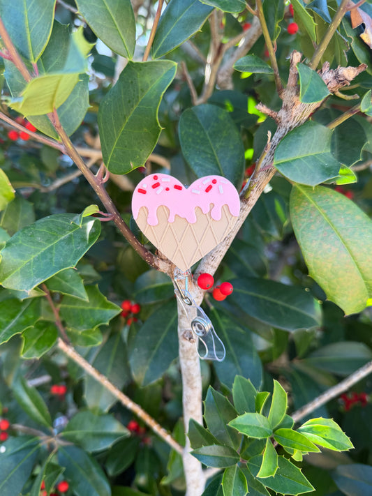 Valentine’s Day Heart Ice Cream Badge Reel | Cute Pink Dessert Badge Holder | Nurse Teacher Badge Reel | Alligator or Belt Clip
