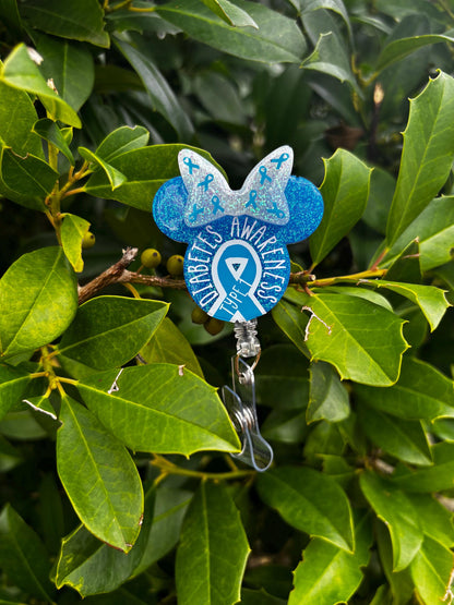 Type 1 Diabetes Awareness Badge Reel | Retractable Glitter Bow Badge Holder | Medical Nurse ID Clip | Diabetes Awareness Gift