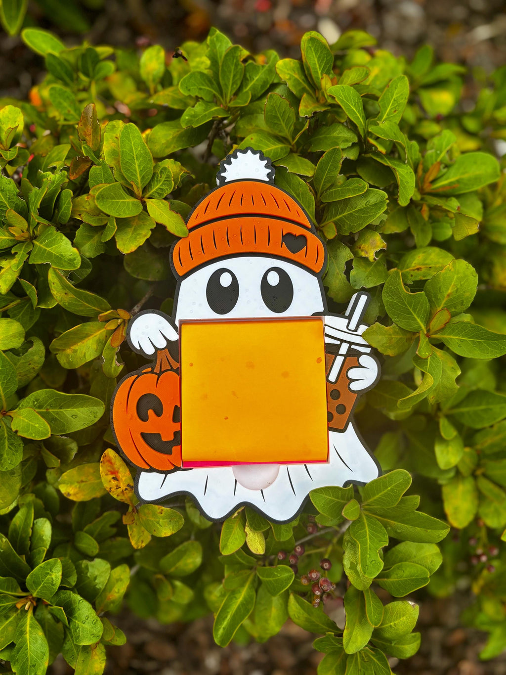Ghost Sticky Note Holder – Halloween Notepad Organizer with Iced Coffee & Pumpkin Design
