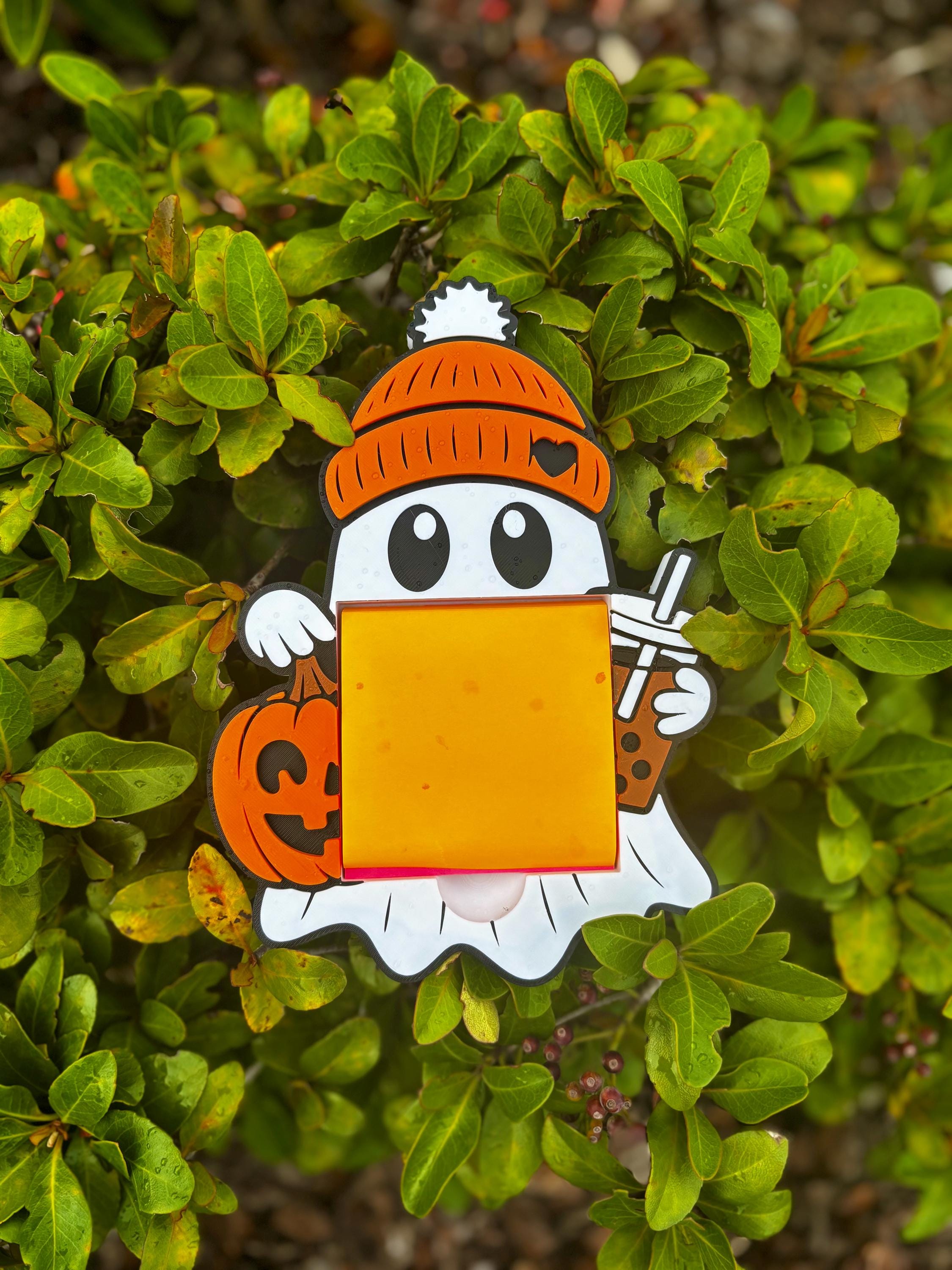 Ghost Sticky Note Holder – Halloween Notepad Organizer with Iced Coffee & Pumpkin Design