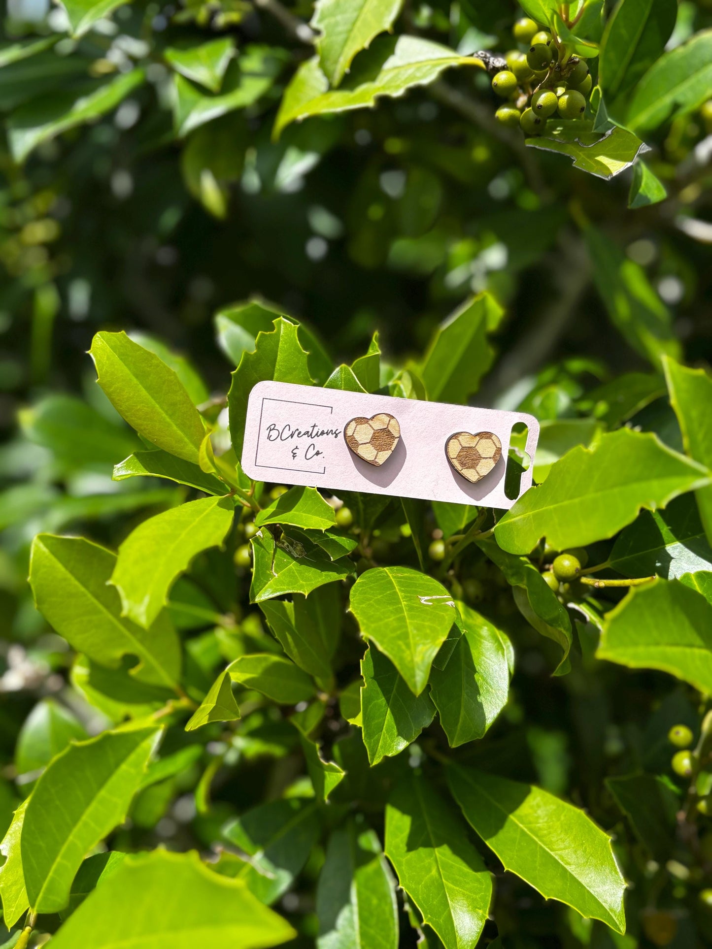 Wooden Soccer Heart Stud Earrings | Soccer Mom Gift | Sports Lover Jewelry | Handmade Laser Cut Earrings | BCreations & Co.