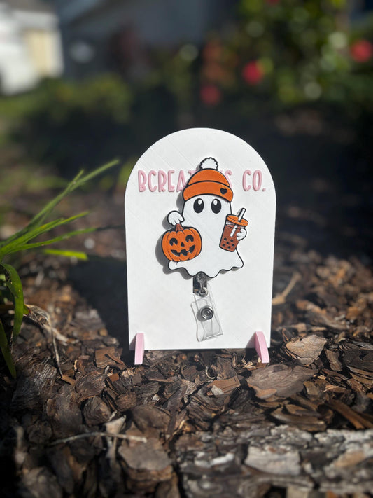 Halloween Ghost Badge Reel | Cute Ghost with Pumpkin & Iced Coffee | Fall Badge Holder