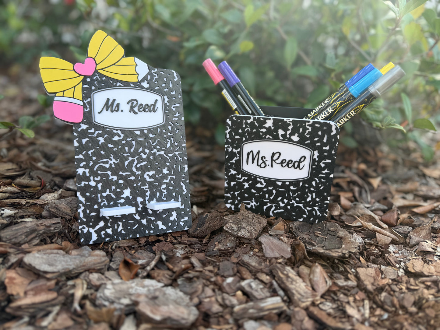 Personalized Teacher Desk Set | Custom Name Phone Holder, Pen Holder & Trinket Dish | Teacher Gift | Back to School Desk Decor