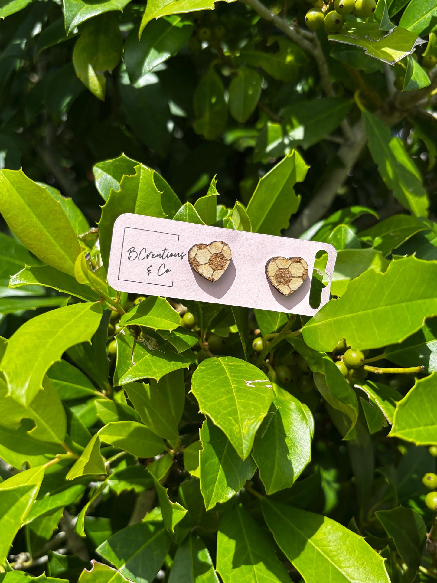 Wooden Soccer Heart Stud Earrings | Soccer Mom Gift | Sports Lover Jewelry | Handmade Laser Cut Earrings | BCreations & Co.