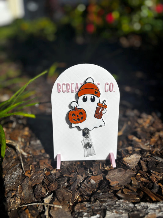 Halloween Ghost Badge Reel | Cute Ghost with Pumpkin & Iced Coffee | Fall Badge Holder