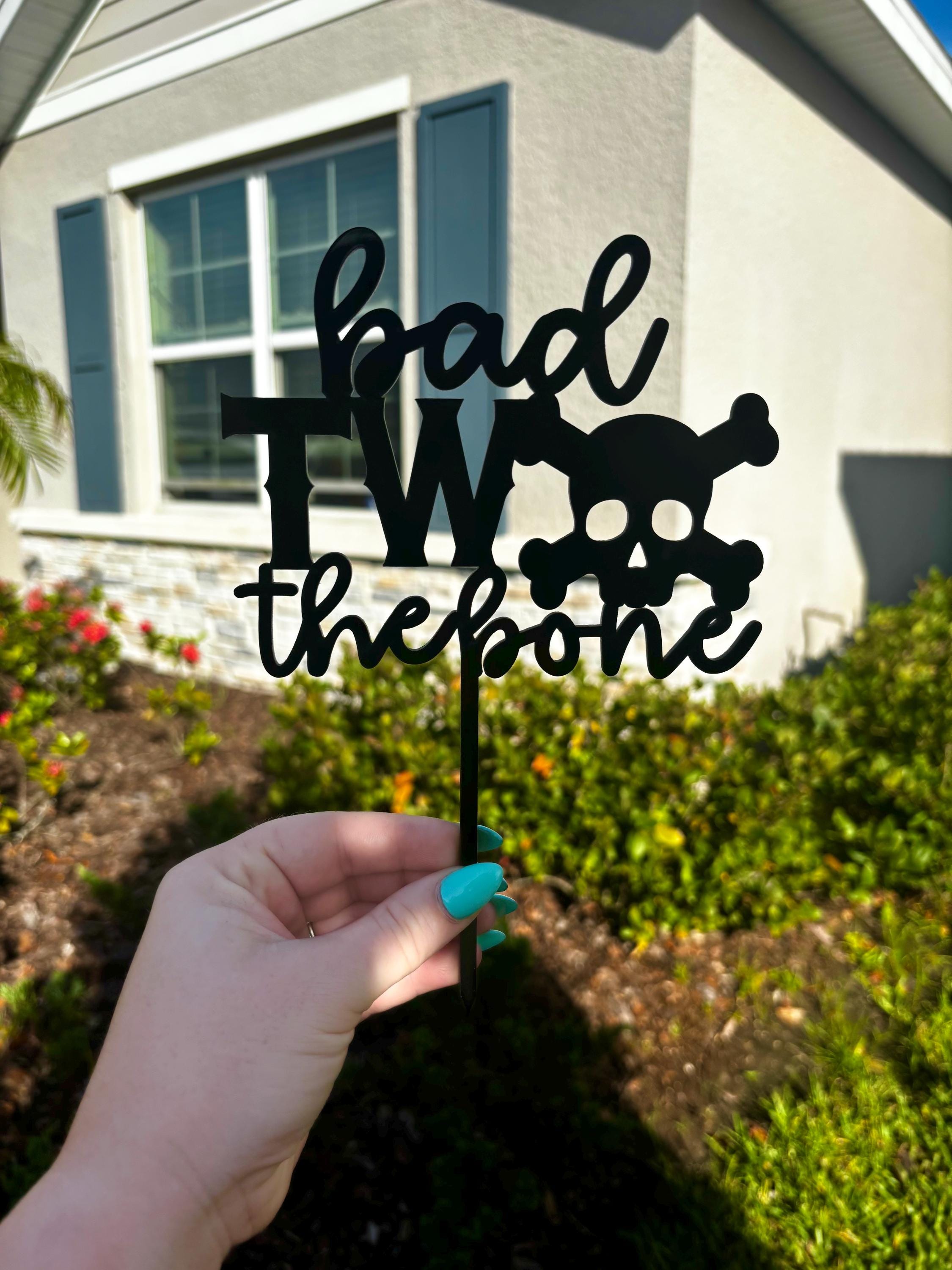 Bad TWO the Bone Cake Topper | Skull Pirate 2nd Birthday Decor | Toddler Boy Two Year Old Birthday Party | Black Acrylic Cake Topper