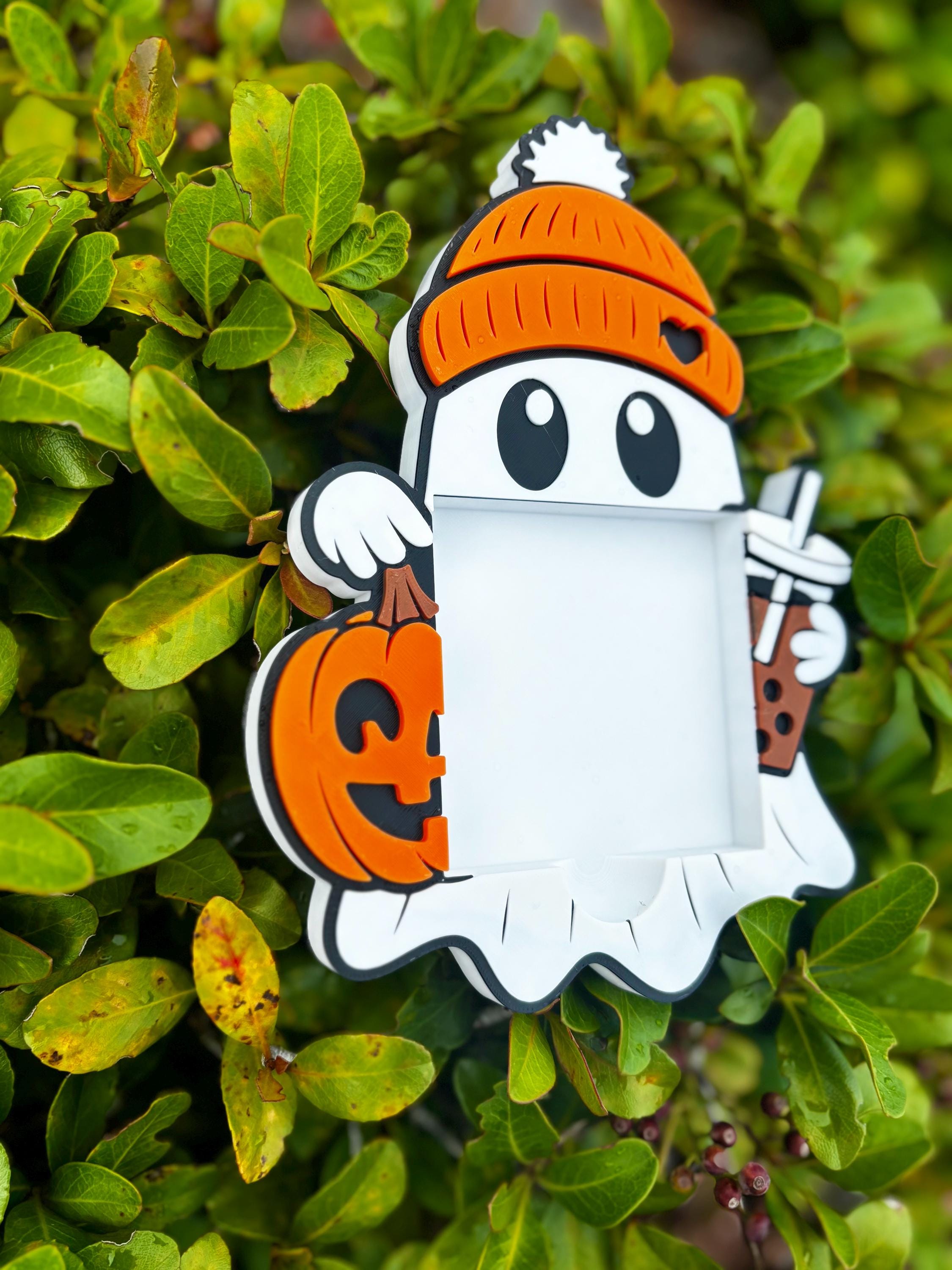 Ghost Sticky Note Holder – Halloween Notepad Organizer with Iced Coffee & Pumpkin Design