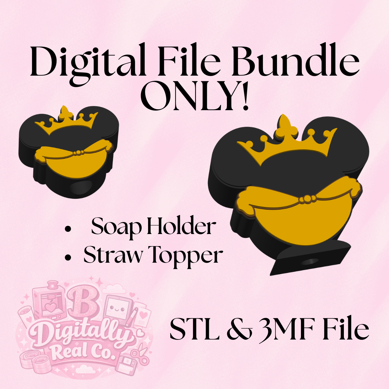 Belle Princess Bundle – Soap Holder + Straw Topper – Digital Download – STL & 3MF Files – 3D Print Princess Bathroom Set