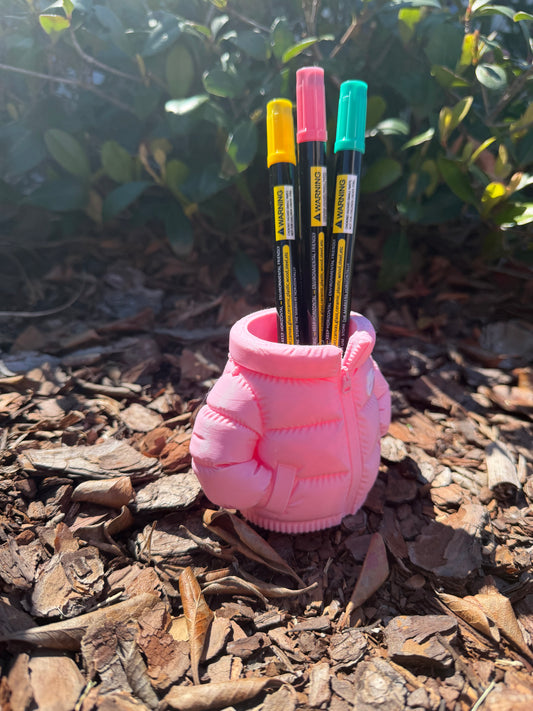 Pink Puffer Jacket Pen Holder | Sneaker-Inspired Desk Organizer | 3D Printed Jacket Cup | Trendy Office Decor