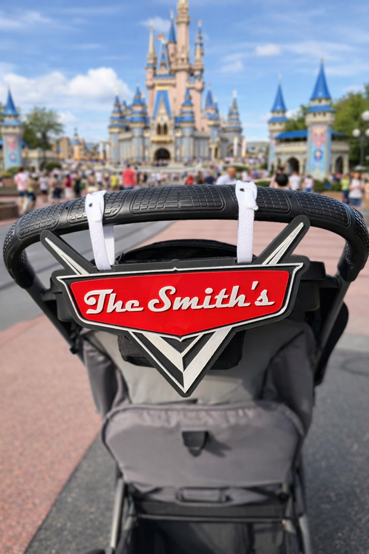 Disney Cars Stroller Sign with Custom Family Name | Lightning McQueen Inspired Baby Stroller Tag | Personalized Baby Shower Gift | Pixar Theme
