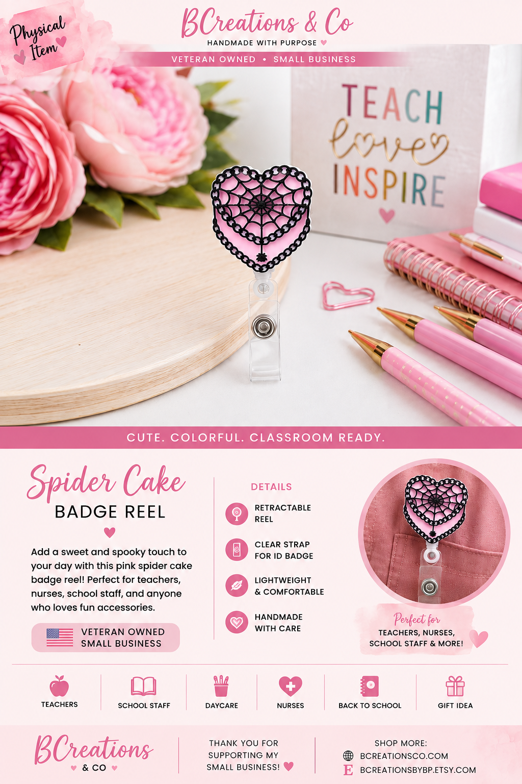 Pink Spiderweb Heart Badge Reel | Spider Cake Badge Reel | Spooky Cute Badge Holder | Halloween Badge Reel | Nurse Teacher Badge