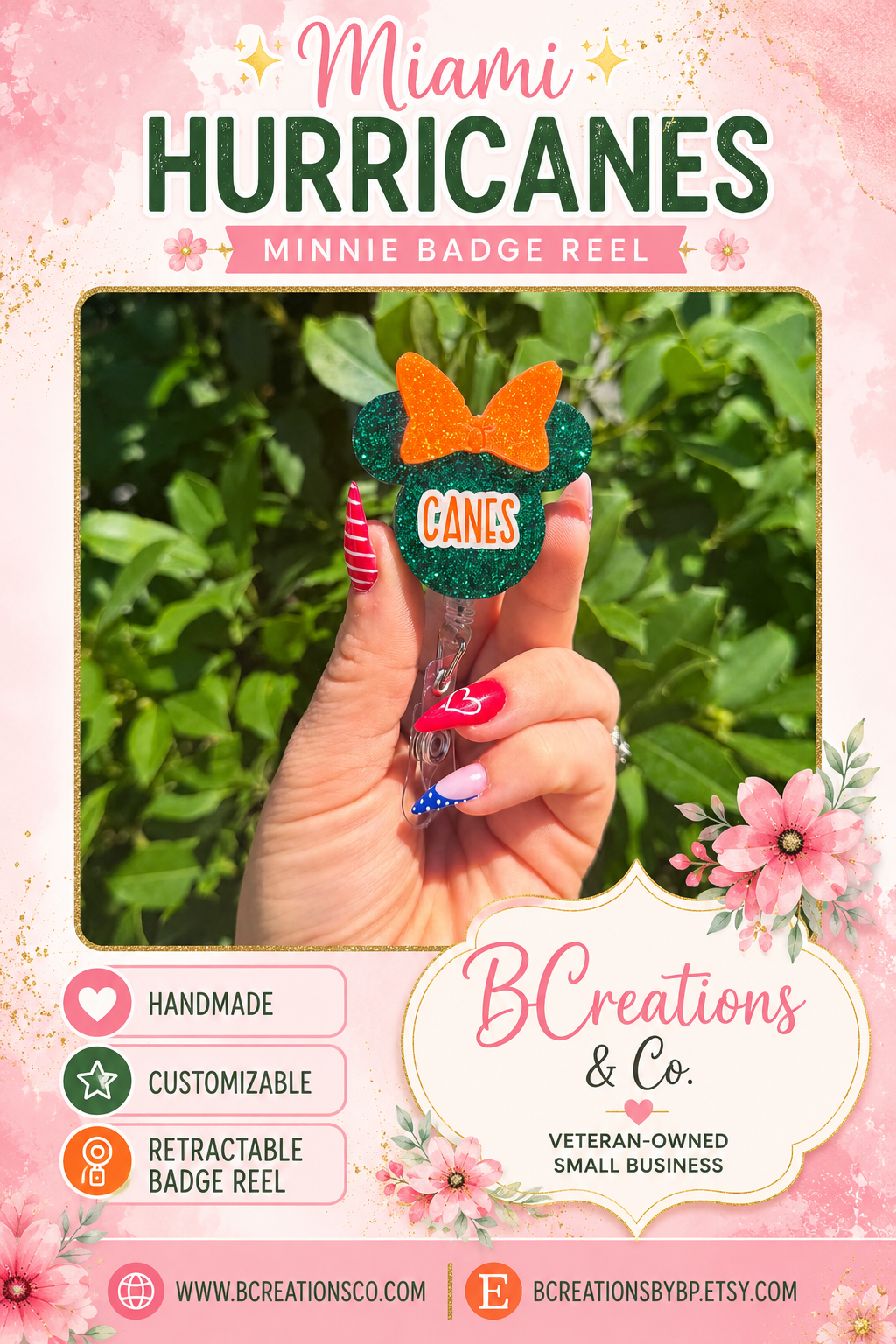 Miami Hurricanes Minnie Badge Reel | Custom Name Badge Reel | Retractable ID Holder | Nurse Badge Reel | Teacher Badge Reel | Hurricanes Fan Gift