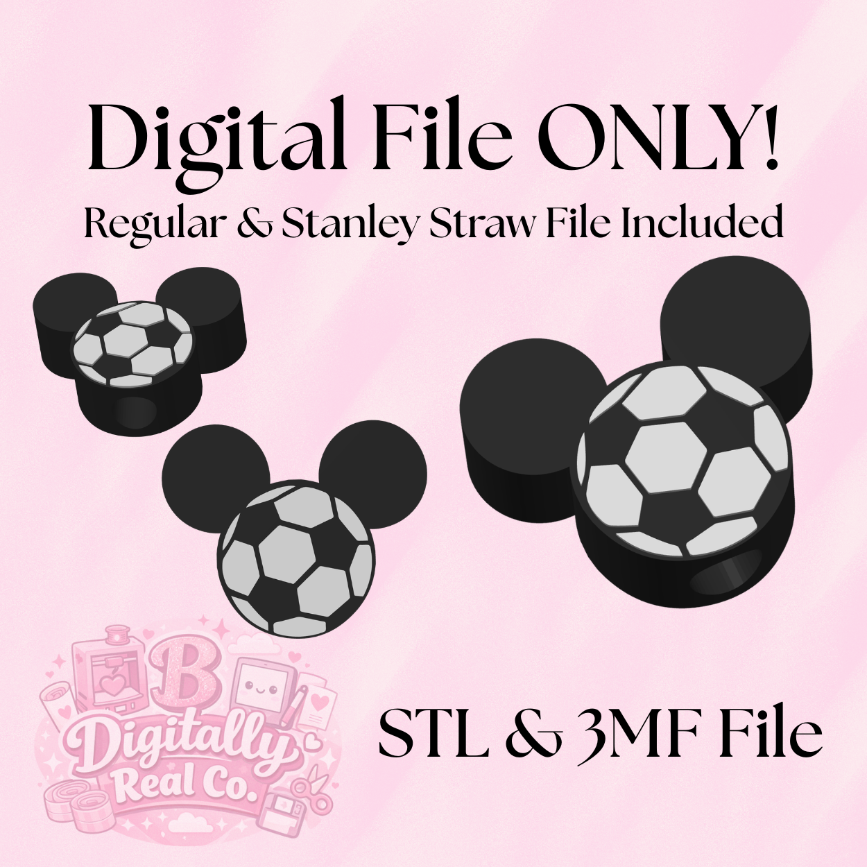Soccer Mouse Inspired Straw Topper | 3D Print Digital File | Regular & Stanley Size Included | STL & 3MF | Sports Cup Charm