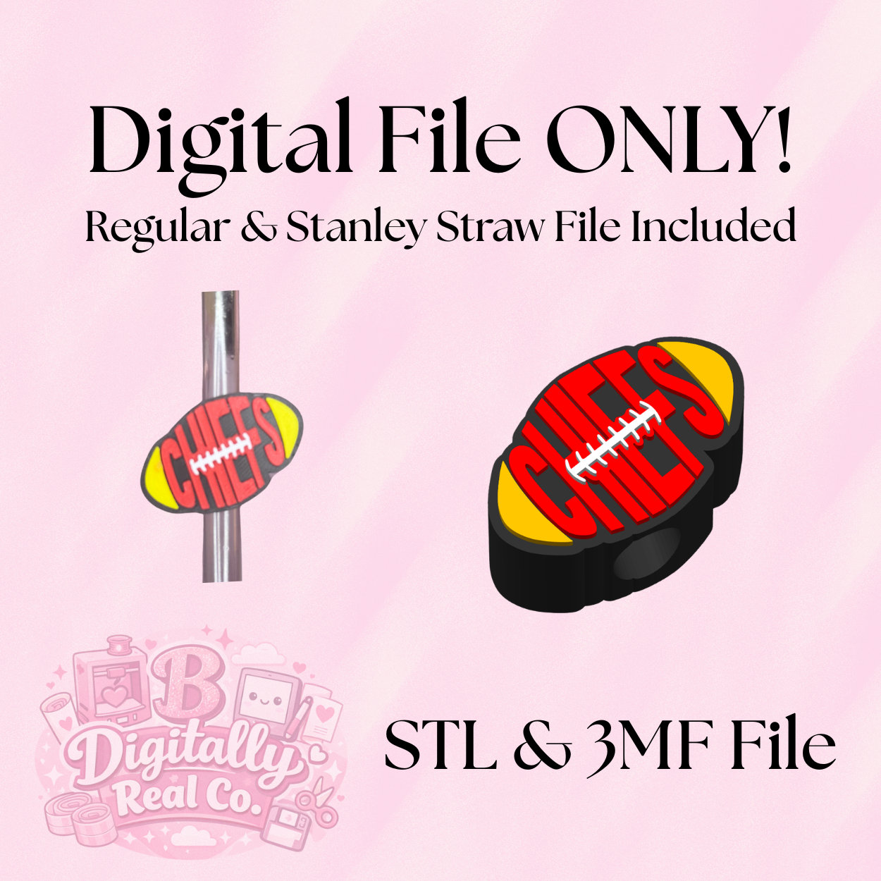 KC Chiefs Football Straw Topper 3D Print File (STL and 3MF Digital Download) Stanley & Regular Size