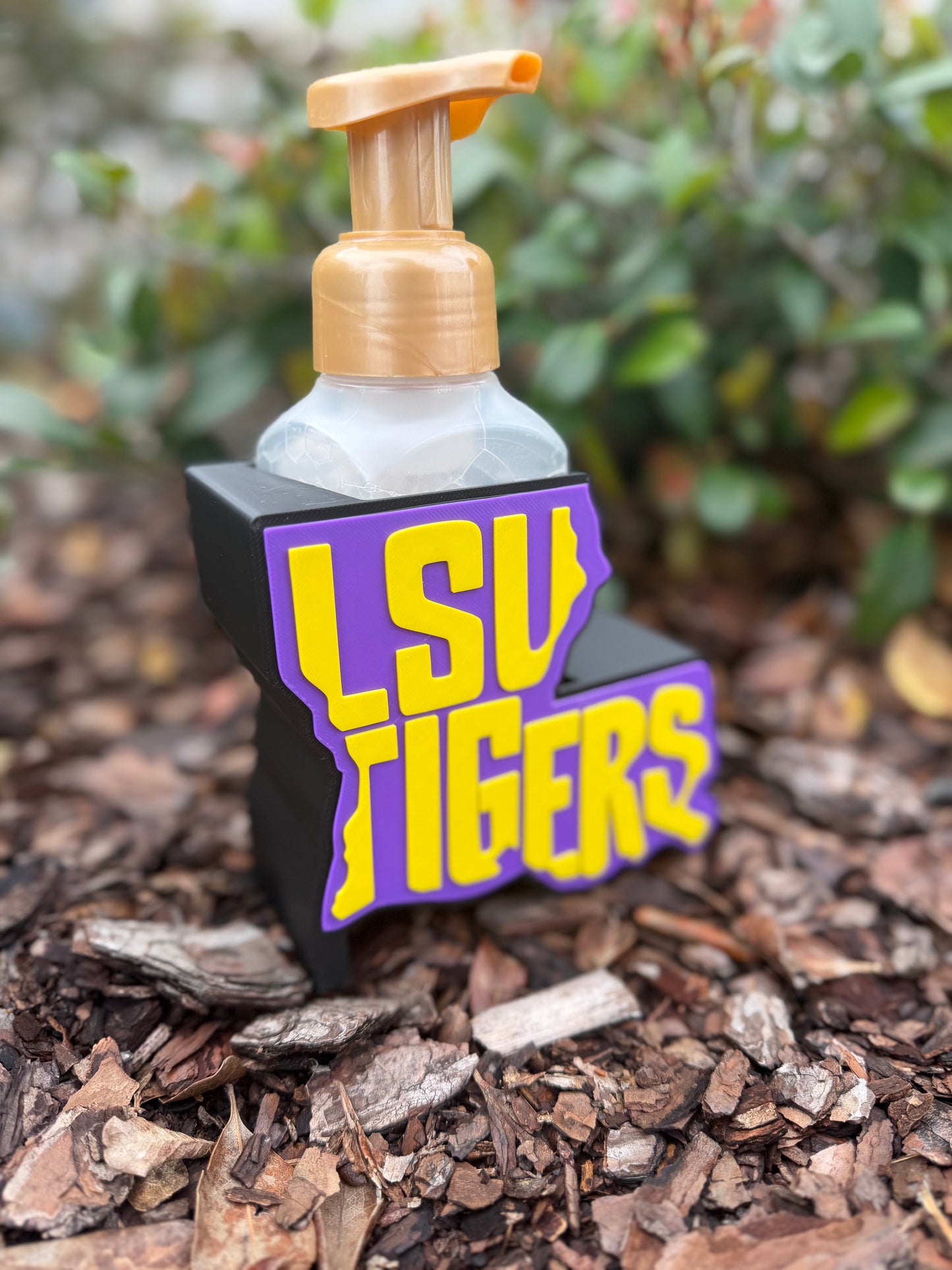 LSU Tigers Soap Holder | Louisiana State Bathroom Decor | Fits Bath & Body Works Foaming Soap | Purple & Gold Home Decor