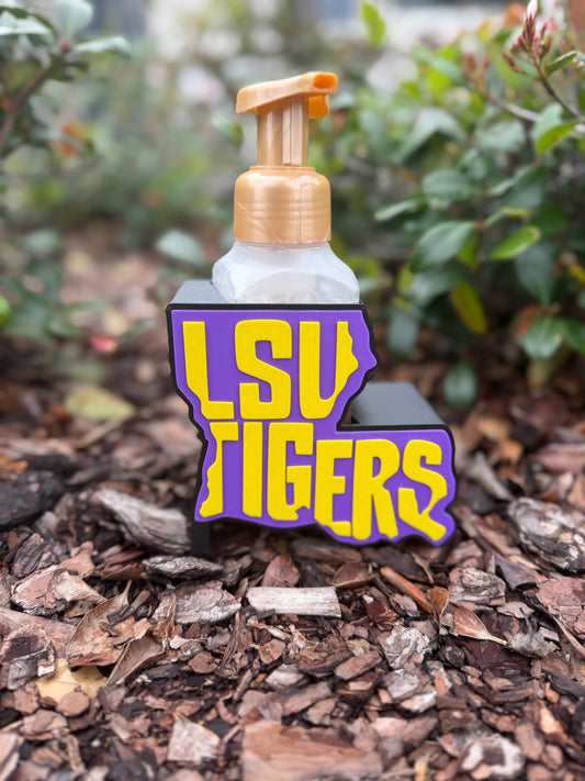 LSU Tigers Soap Holder | Louisiana State Bathroom Decor | Fits Bath & Body Works Foaming Soap | Purple & Gold Home Decor