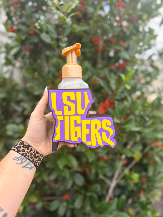 LSU Tigers Soap Holder | Louisiana State Bathroom Decor | Fits Bath & Body Works Foaming Soap | Purple & Gold Home Decor