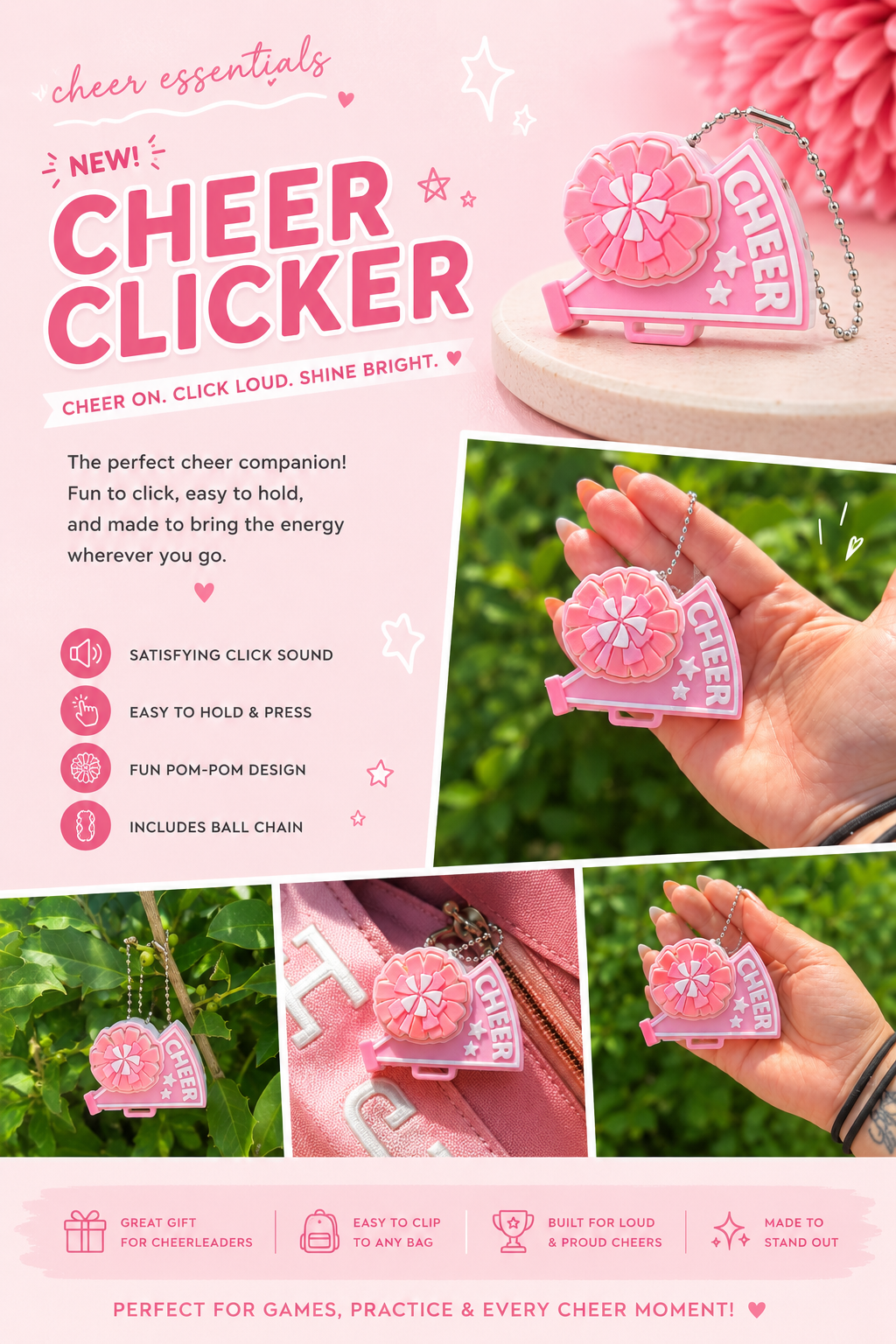Cheer Clicker Keychain – Cheer Megaphone Clicker | Cheerleader Gift | Team Spirit Clicker | Cheer Bag Accessory | Pink Cheer Clicker