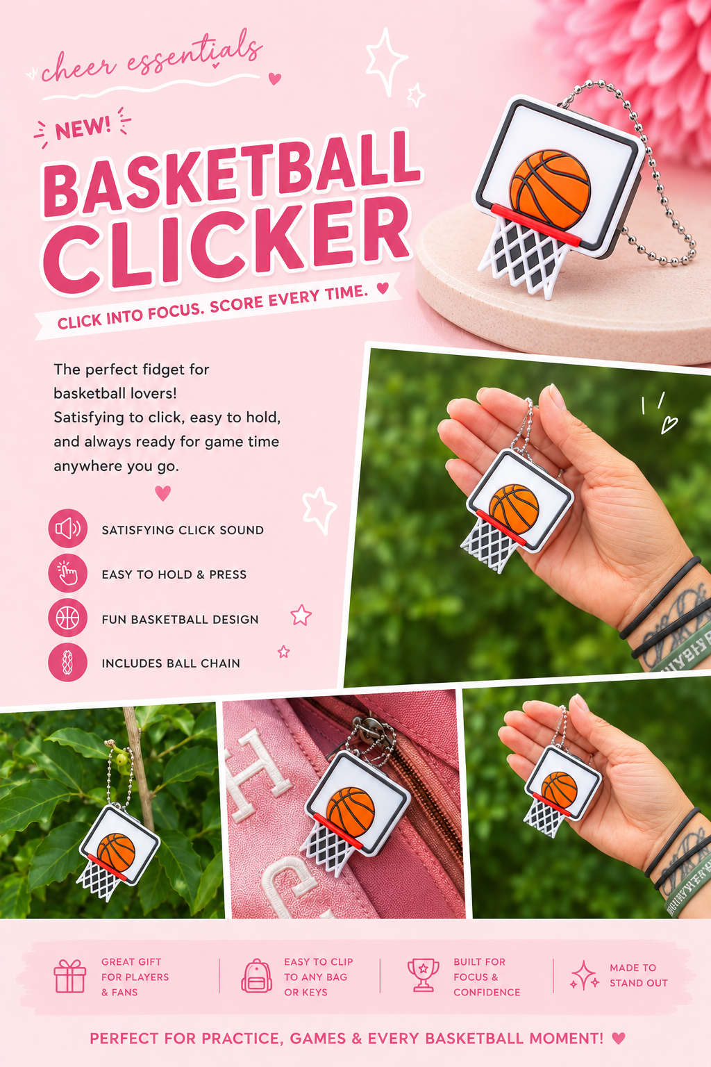 Basketball Clicker Keychain – Basketball Hoop Fidget Clicker, Sports Bag Charm, Basketball Team Gift, Coach Gift, Player Keychain