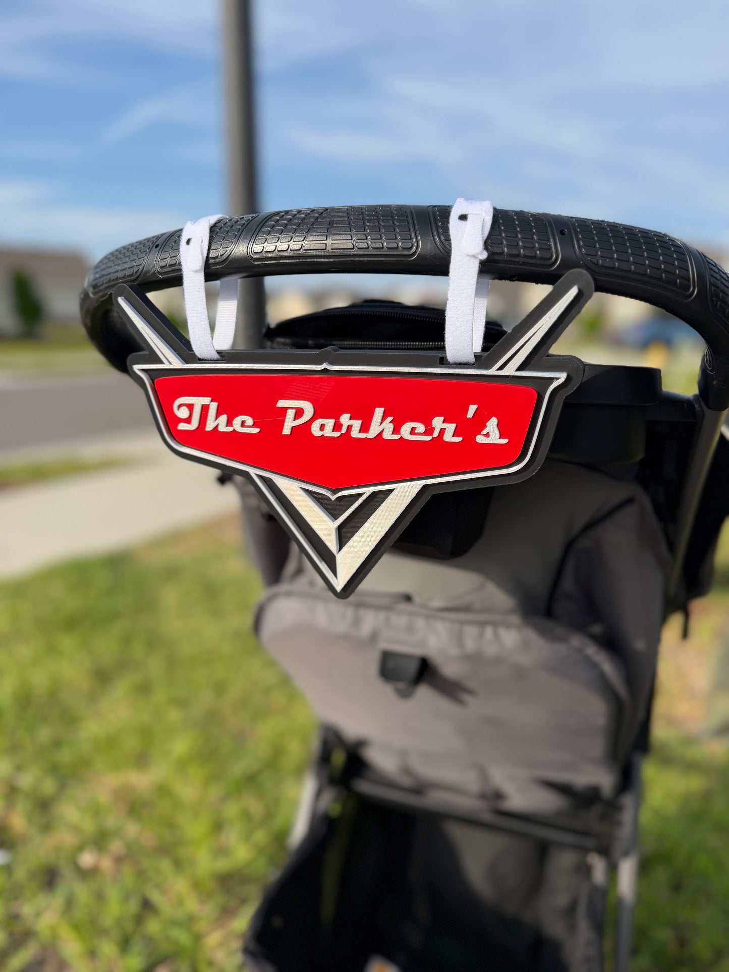 Disney Cars Stroller Sign with Custom Family Name | Lightning McQueen Inspired Baby Stroller Tag | Personalized Baby Shower Gift | Pixar Theme