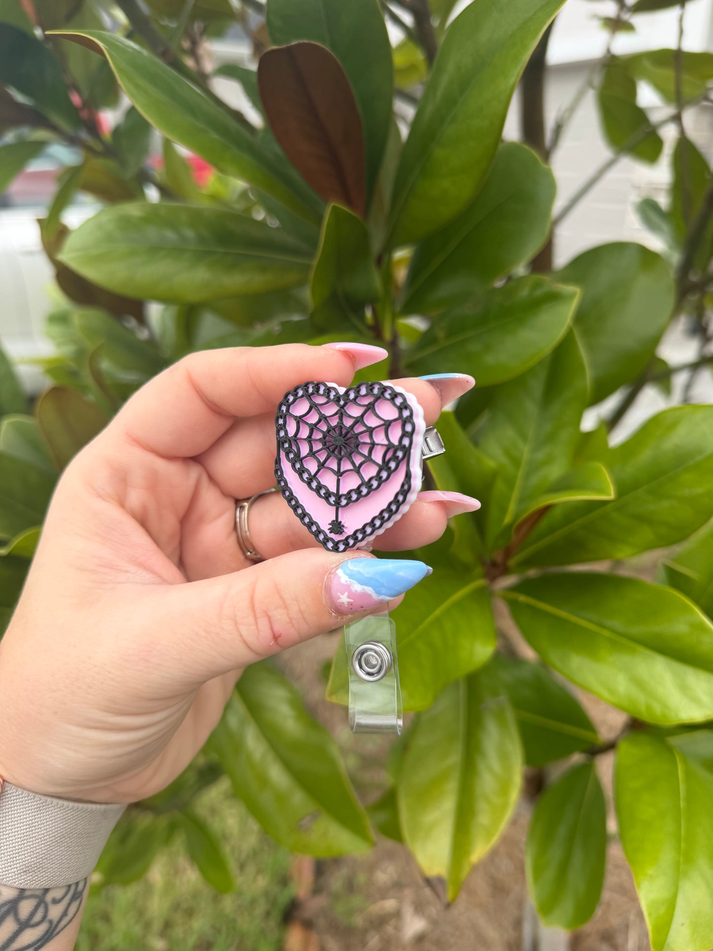 Pink Spiderweb Heart Badge Reel | Spider Cake Badge Reel | Spooky Cute Badge Holder | Halloween Badge Reel | Nurse Teacher Badge