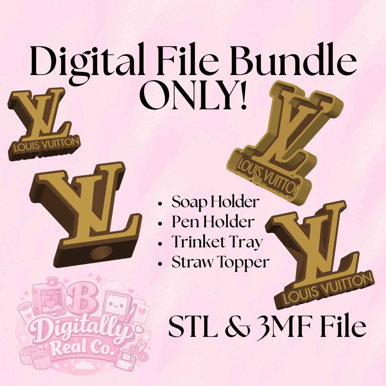 LV Inspired Organizer Bundle STL | Soap Holder, Straw Topper, Pen Holder & Trinket Tray 3D Print Files | Designer Bathroom & Desk Set | STL & 3MF Files