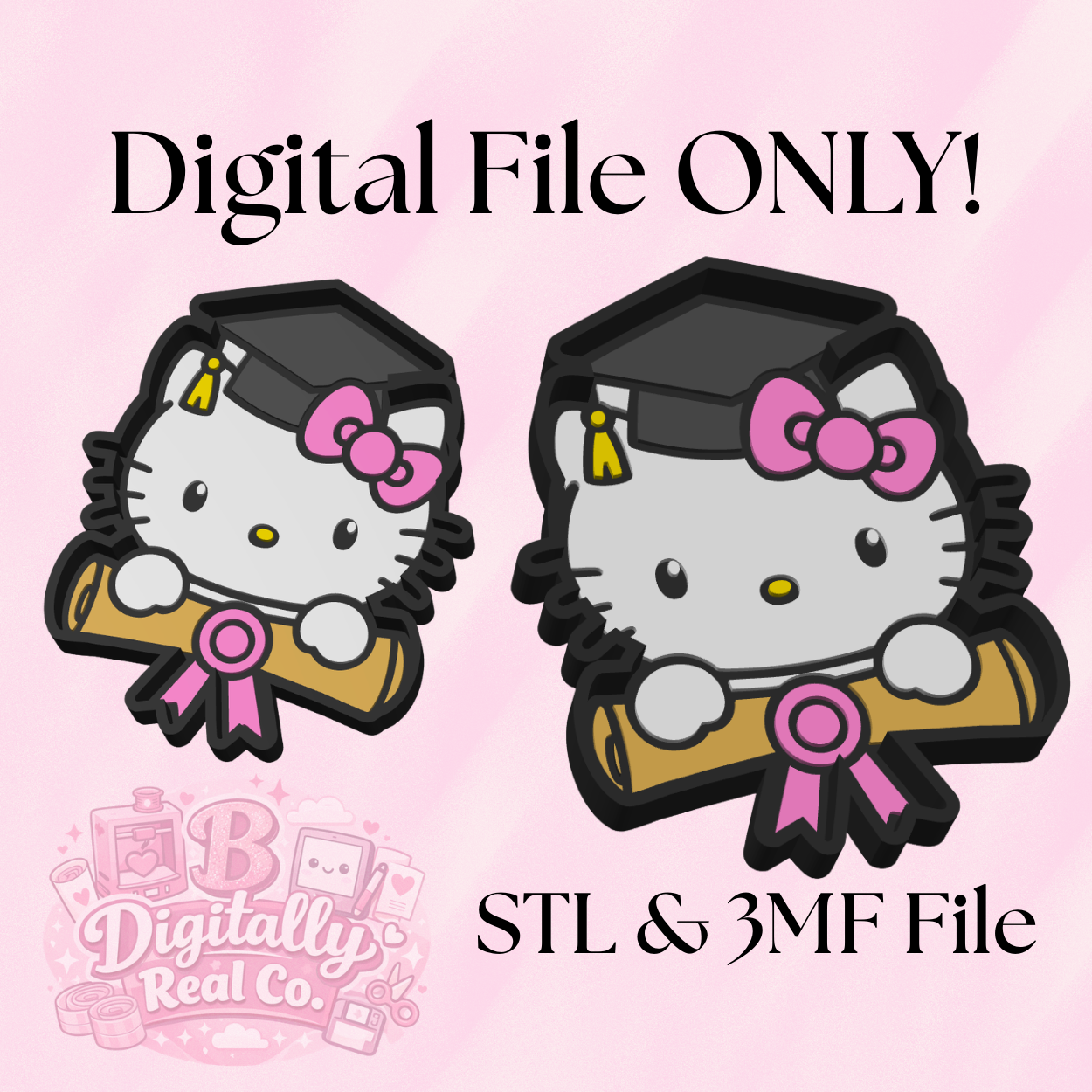 Hello Kitty Graduation Trinket Tray STL & 3MF | Cute Jewelry Tray 3D Print File | Graduation Catch All Dish | Digital Download