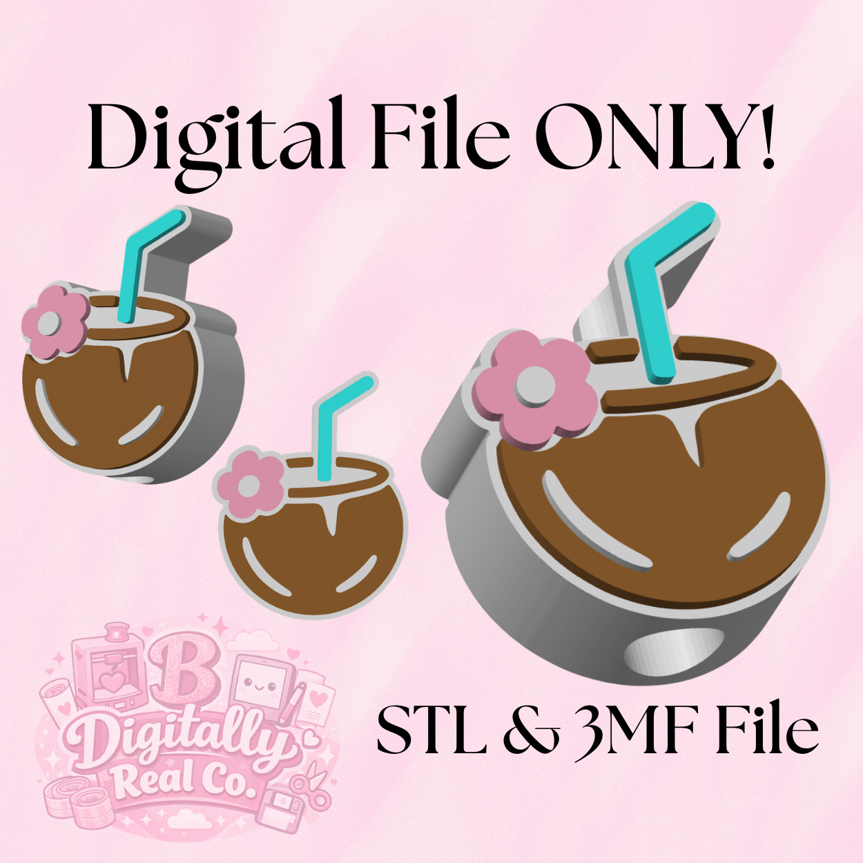 Piña Colada Straw Topper Digital File | STL & 3MF | Regular & Stanley Sizes Included | Tropical Straw Charm | Coconut Drink Straw Topper | 3D Print File Download
