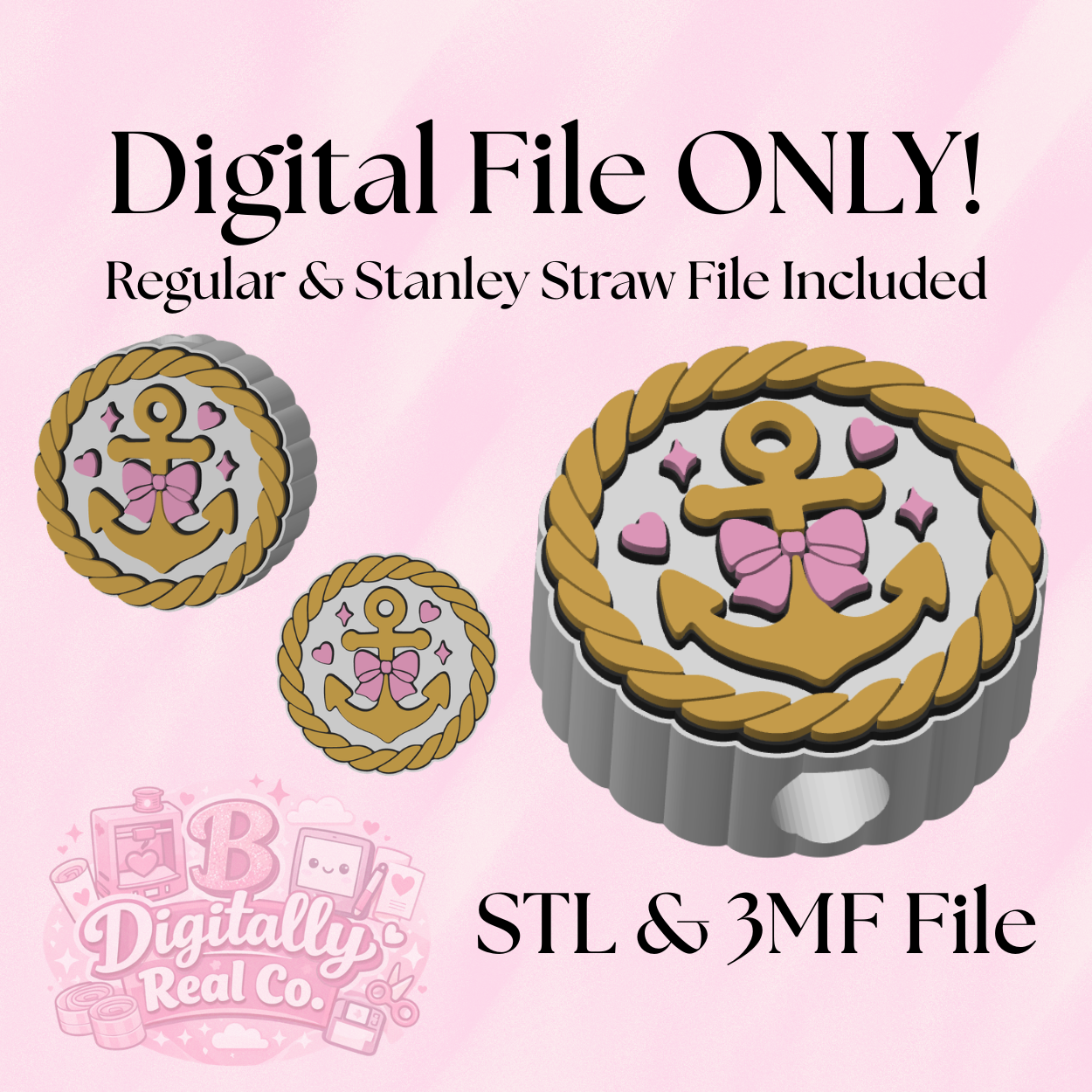 Nautical Anchor Straw Topper Digital File | STL & 3MF | Regular & Stanley Sizes Included | Beach Straw Charm | 3D Print File Download