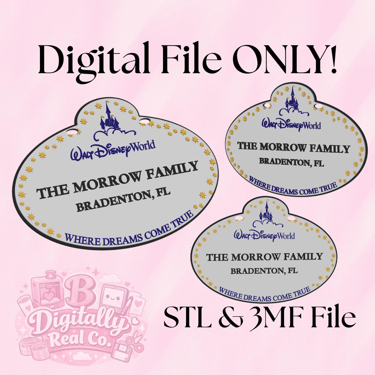 Walt Disney World Inspired Stroller Sign Digital File | STL & 3MF Download | Personalized Family Stroller Tag | Theme Park Stroller Identifier | 3D Print File