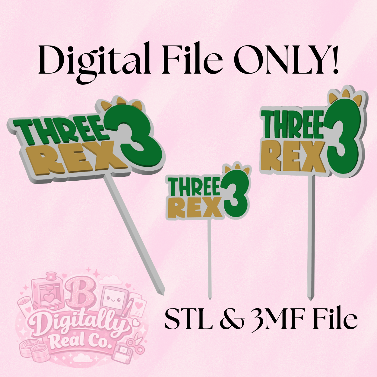 Three Rex Birthday Cake Topper SVG | STL & 3MF File | Dinosaur Birthday Cake Decoration | 3D Print File Download | Three Rex Cake Topper