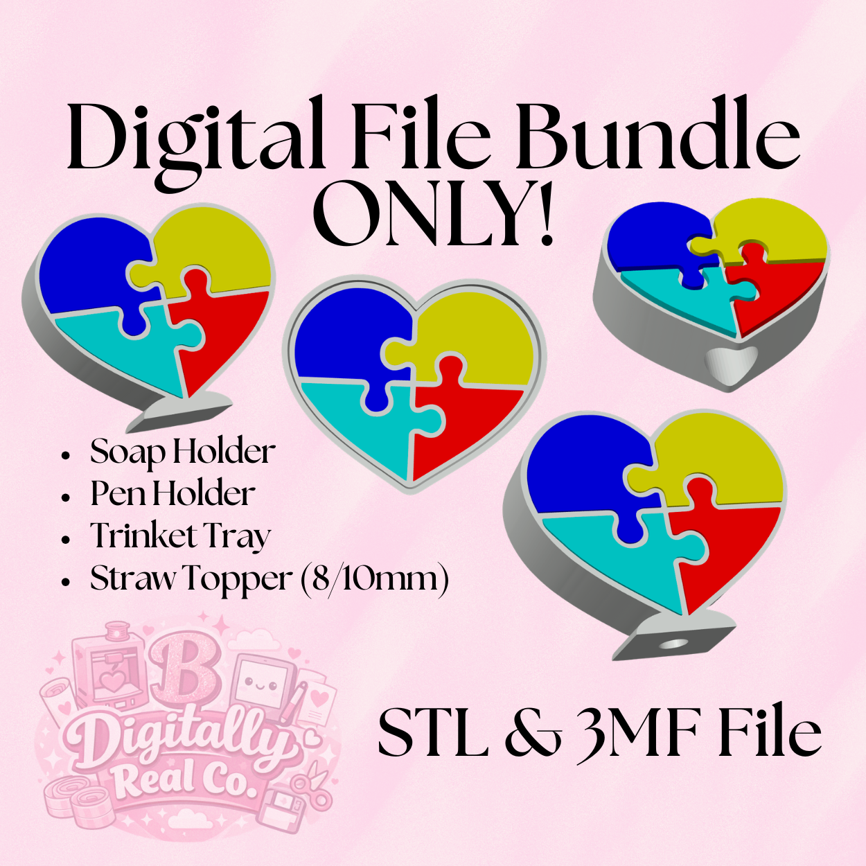 Autism Awareness 3D Print Bundle | Puzzle Heart Pen Holder, Soap Holder, Trinket Tray & Straw Topper | STL & 3MF Files | Digital Download