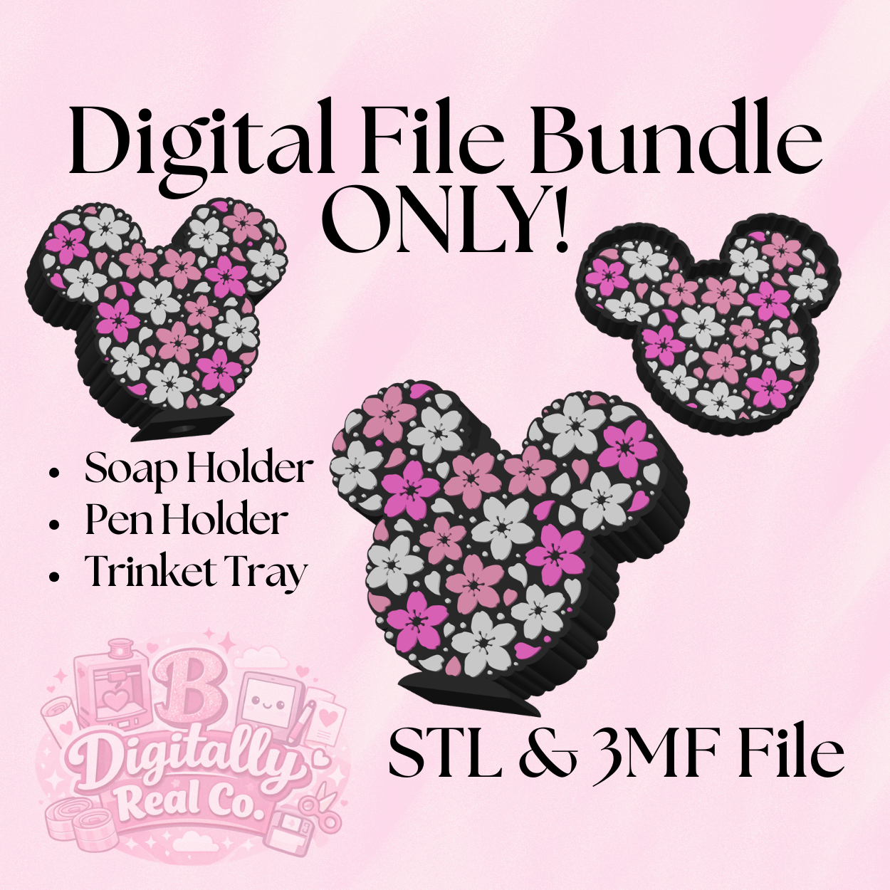 Cherry Blossom Mouse Bundle STL & 3MF | Soap Holder + Pen Holder + Trinket Tray | Floral Mouse 3D Print Files | Spring Decor | Digital Download