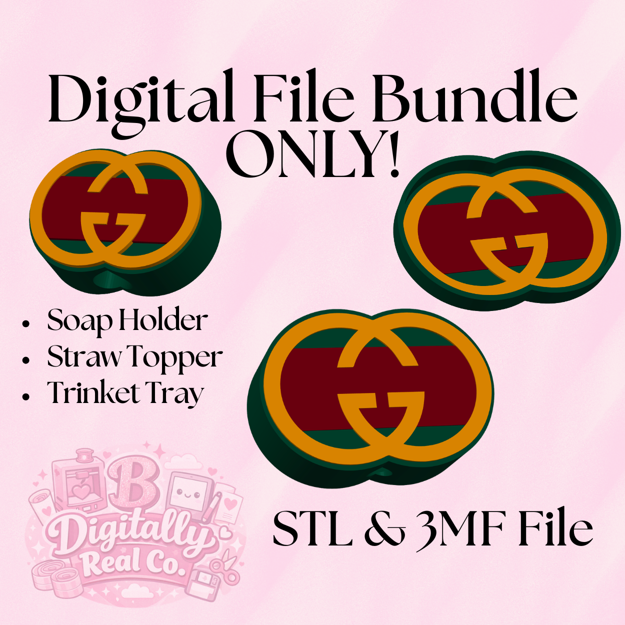 Gucci Designer Inspired GG Bundle STL & 3MF File | Soap Holder + Trinket Tray + Straw Topper | 3D Print Bundle | Digital Download