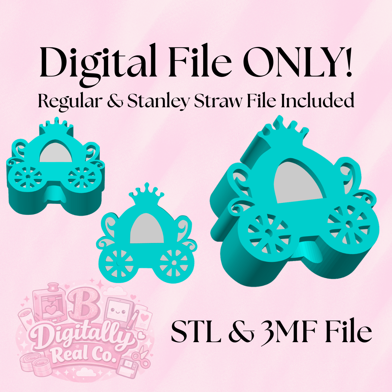 Cinderella Carriage Straw Topper STL & 3MF | 8mm & 10mm Sizes | Princess Carriage Tumbler Topper | Stanley & Regular Straw | Digital Download