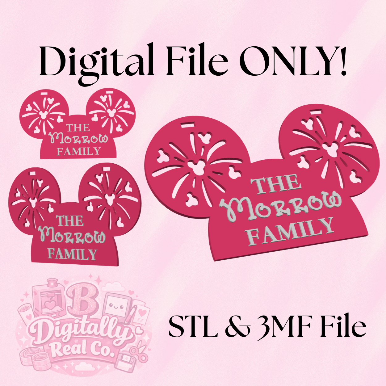 Mouse Ears Stroller Sign 3D Print File | Personalized Family Stroller Tag | STL & 3MF Digital Download