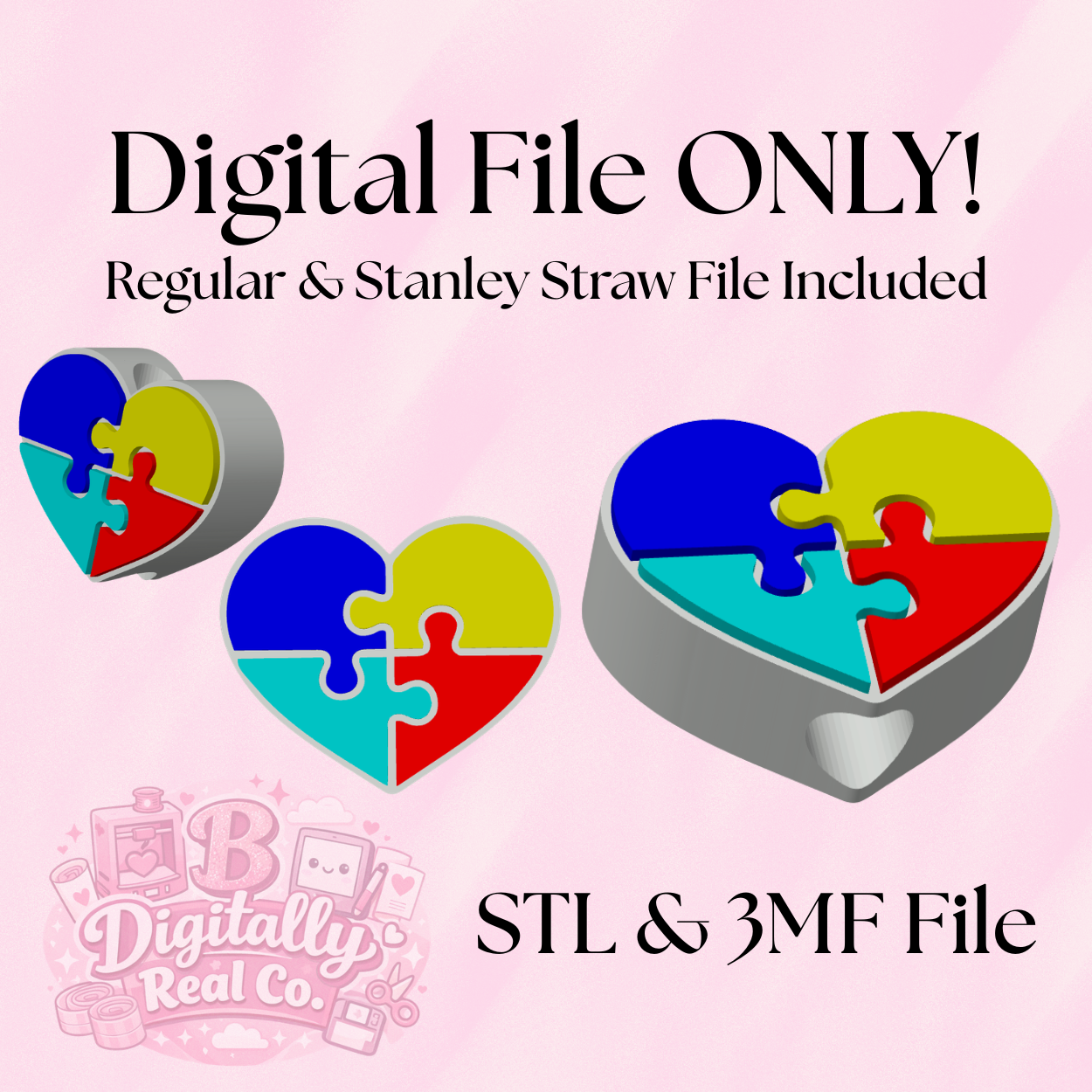 Autism Puzzle Heart Straw Topper STL & 3MF | Autism Awareness Cup Charm | Stanley Straw Topper | 3D Print File