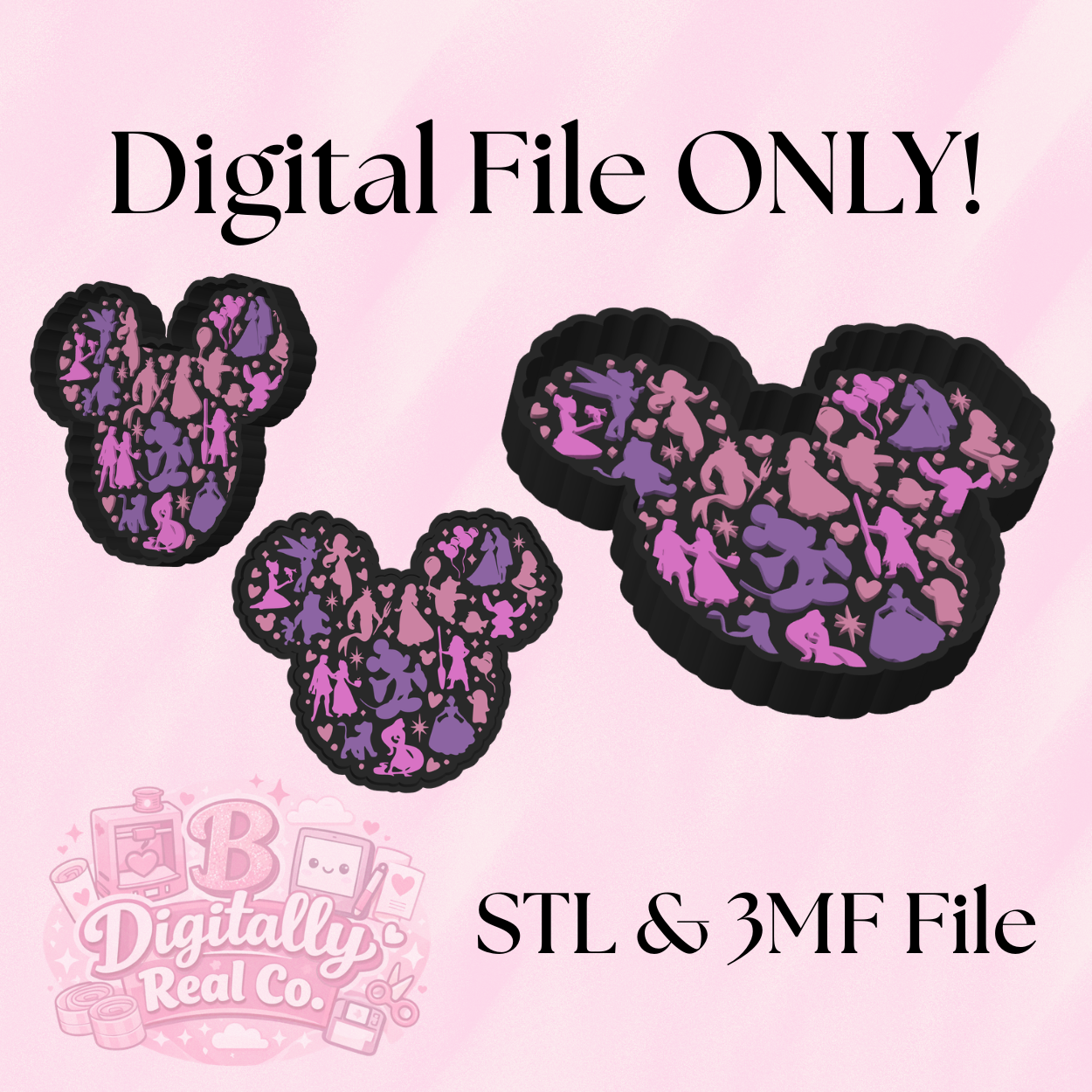 Princess Silhouette Trinket Tray – Digital STL & 3MF File – 3D Print Jewelry Tray – Mouse Head Princess Decor – Digital Download ONLY