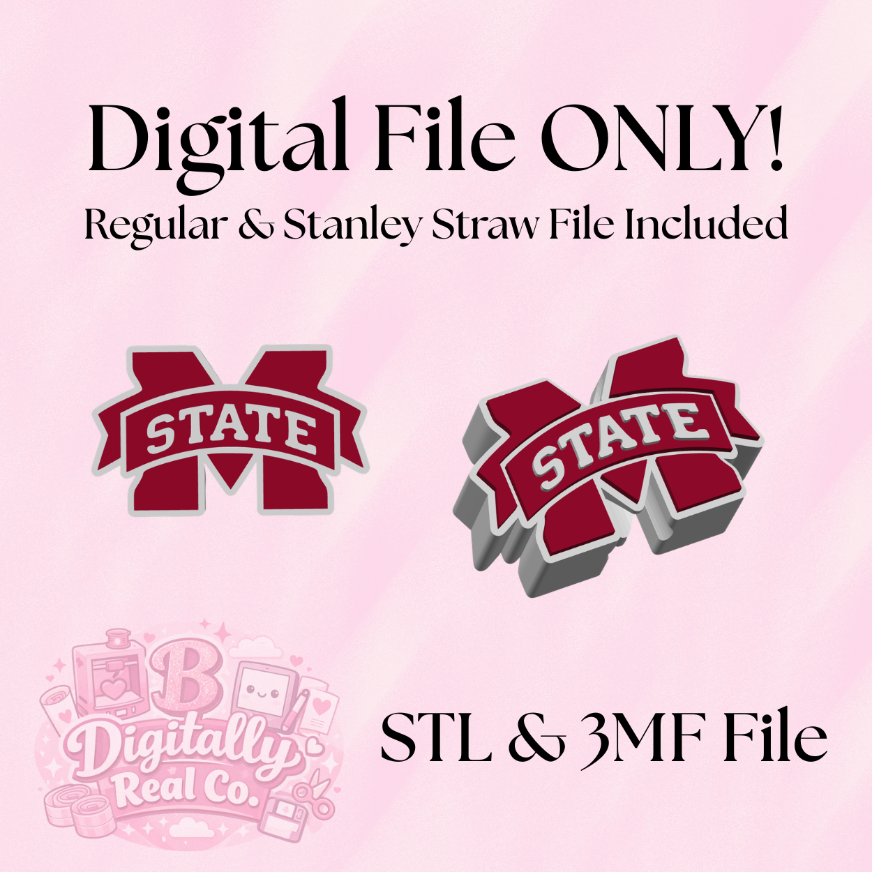 Mississippi State Straw Topper Digital File | Regular & Stanley Size | STL & 3MF Download | 8mm & 10mm Straw Cap | 3D Print File Only