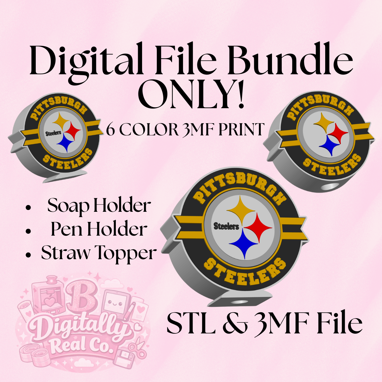 Pittsburgh Football 3D Print Bundle | Soap Holder + Pen Holder + Straw Topper | STL & 6 Color 3MF | Digital Download