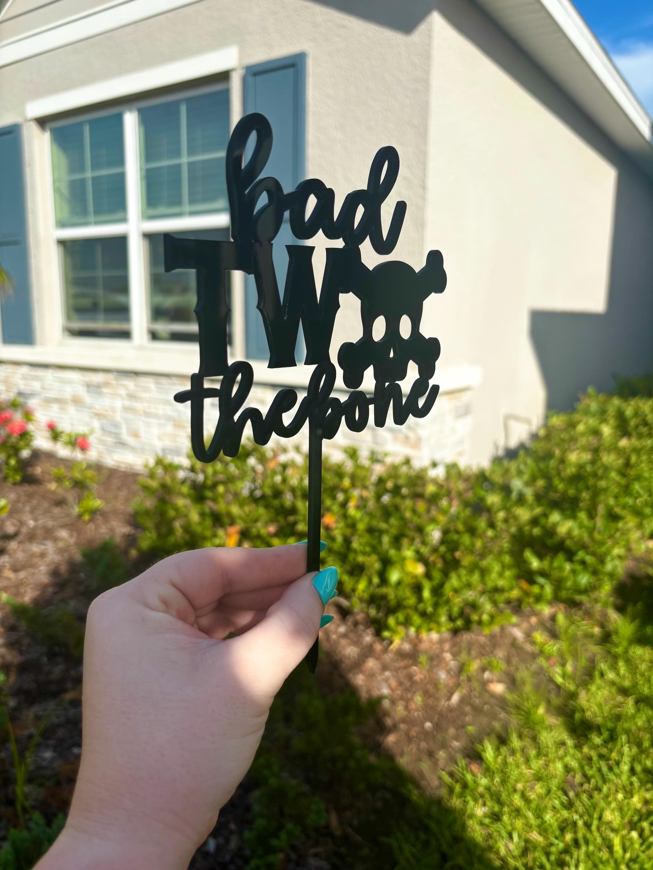 Bad TWO the Bone Cake Topper | Skull Pirate 2nd Birthday Decor | Toddler Boy Two Year Old Birthday Party | Black Acrylic Cake Topper