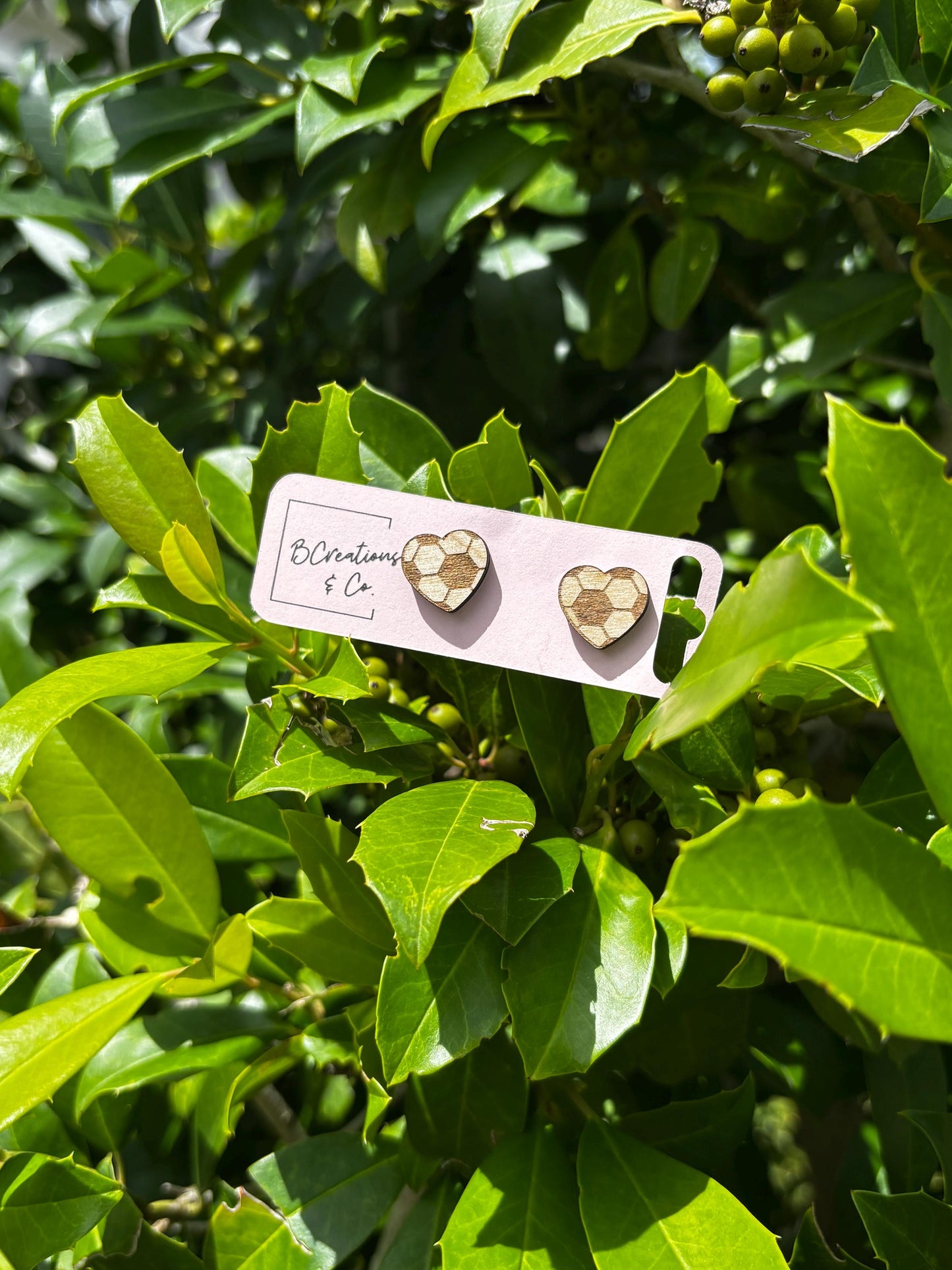 Wooden Soccer Heart Stud Earrings | Soccer Mom Gift | Sports Lover Jewelry | Handmade Laser Cut Earrings | BCreations & Co.